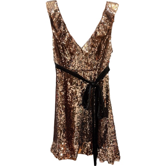 Free People Siren Sequin Dress Tribeca Gold Flirty Mini Boho Chic Size 4 - Picture 4 of 7